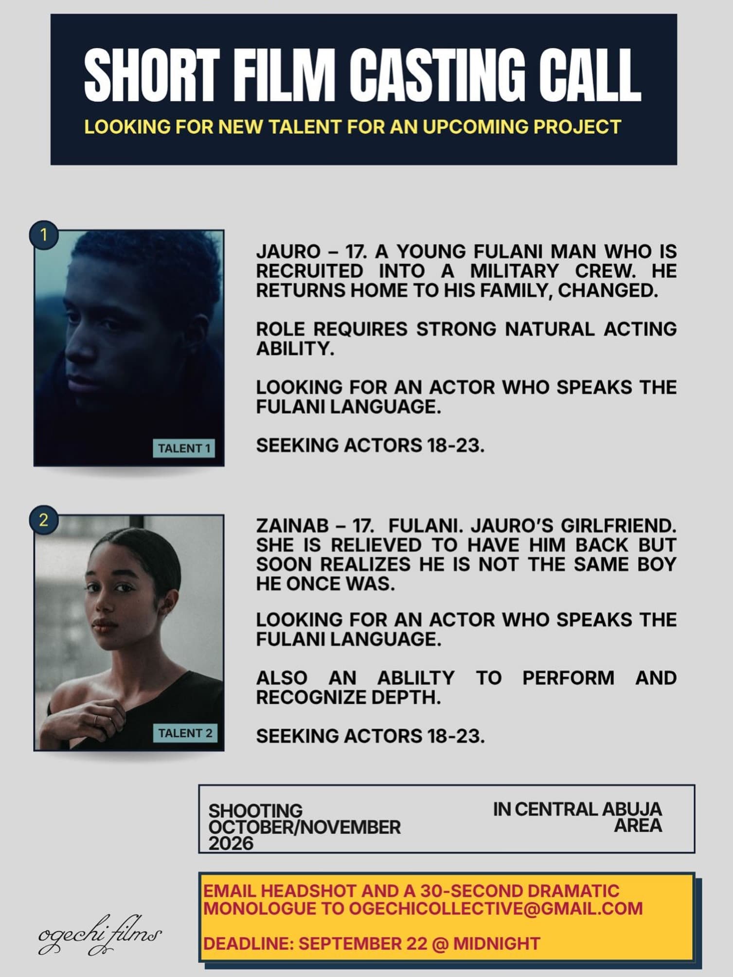 Short film casting call flyer from ogechi films, with reference portraits for the roles of Jauro and Zainab.