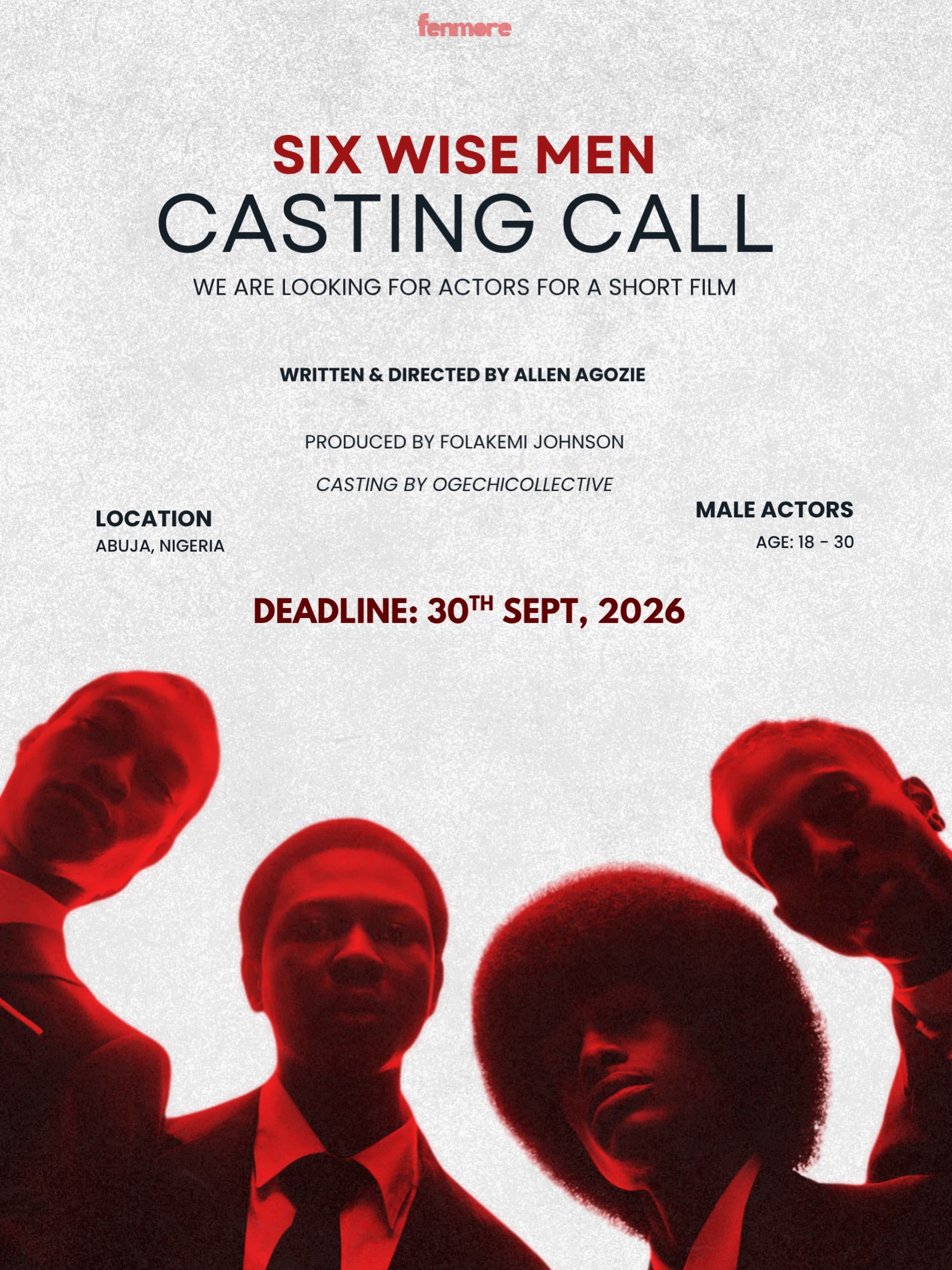 Six Wise Men casting call flyer: four young men in suits, lit in red, looking down at the camera.